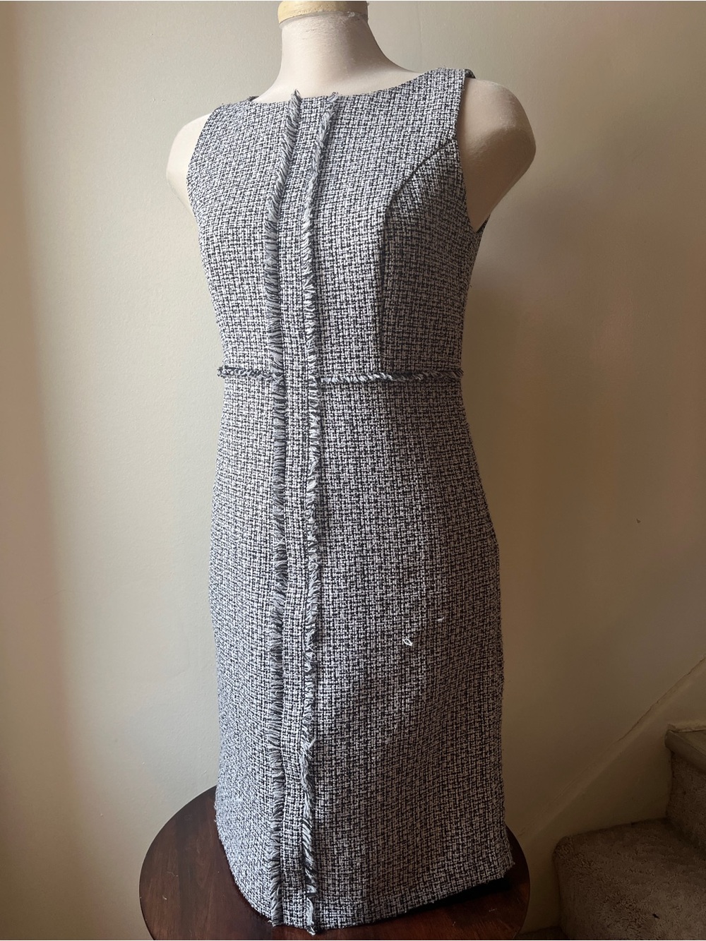 Sleeveless Black and White Tweed Midi Sheath Dress
